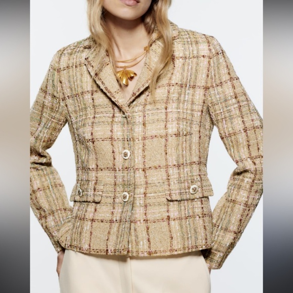 Zara TEXTURED TWEED CROPPED BLAZER W/ BUTTONS